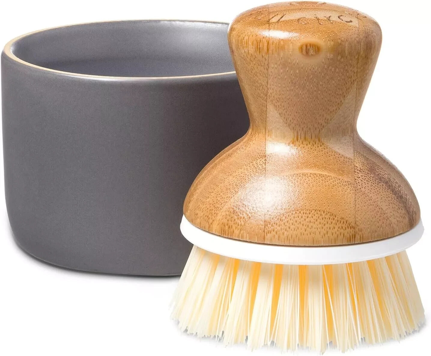 Full Circle Bubble Up Ceramic Soap Dispenser & Bamboo Dish Brush, White/Gray