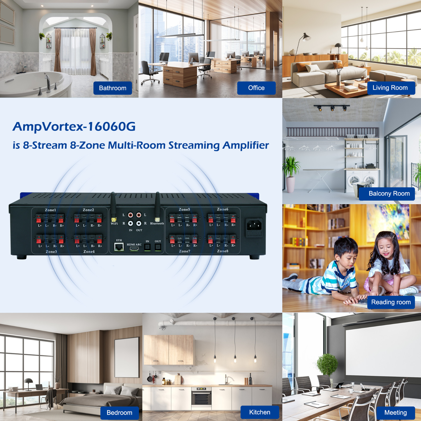 AmpVortex 16060G 8-zone multi-room streaming amplifier 1040W with Google Cast