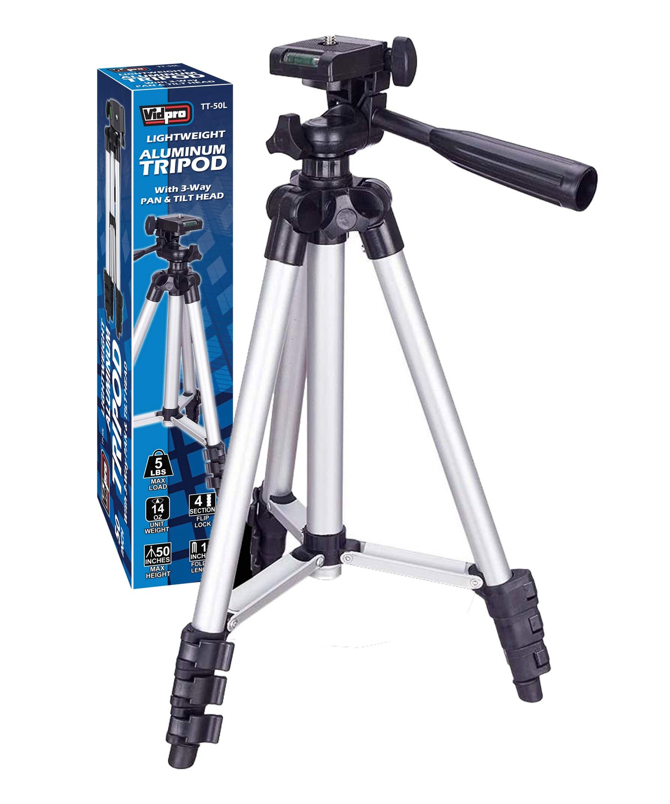TT-50L 50 Inch Lightweight Aluminum Tripod with 3 Way Pan & Tilt Head