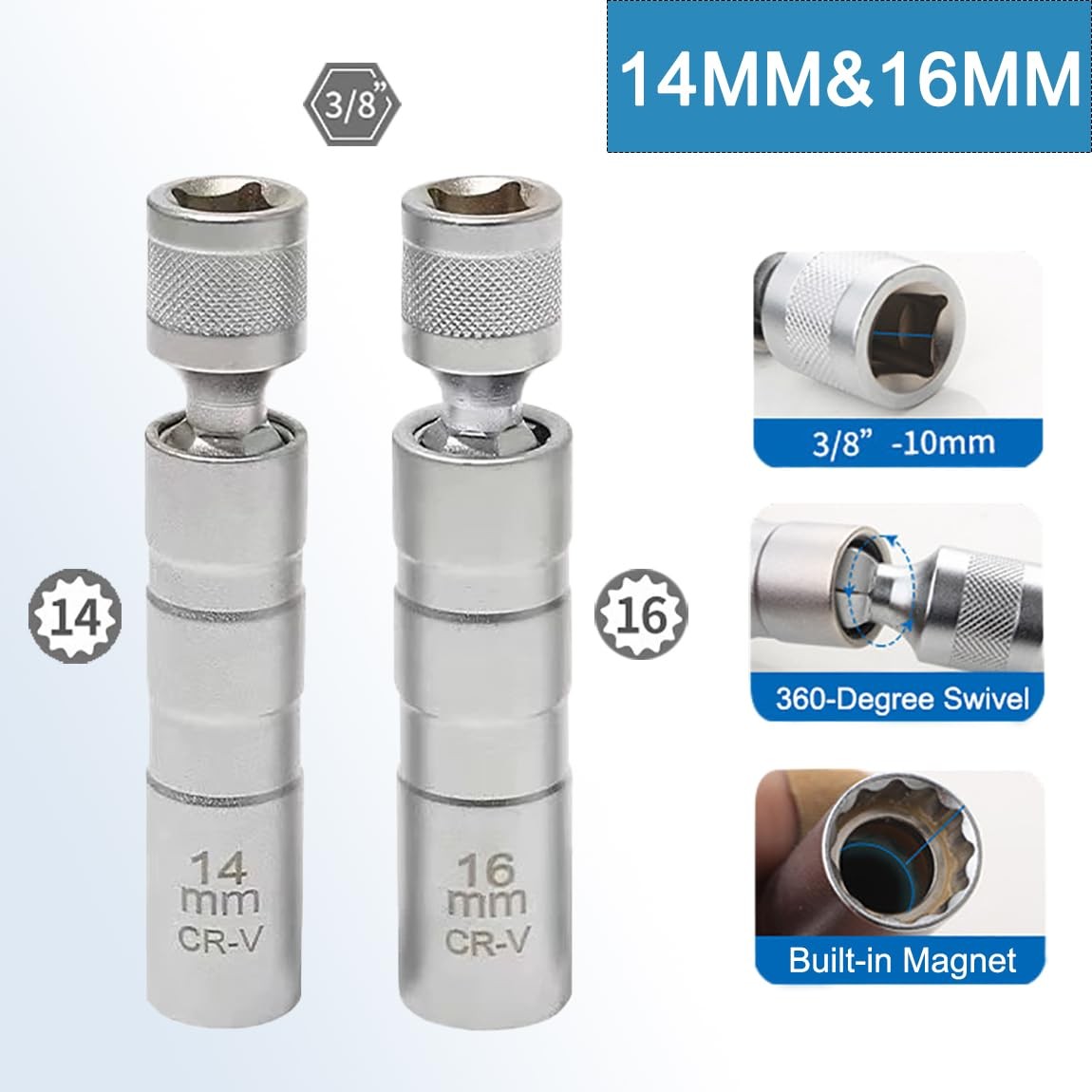 2PC 14mm&16mm （9/16"&5/8"） Magnetic Swivel Spark Plug Socket