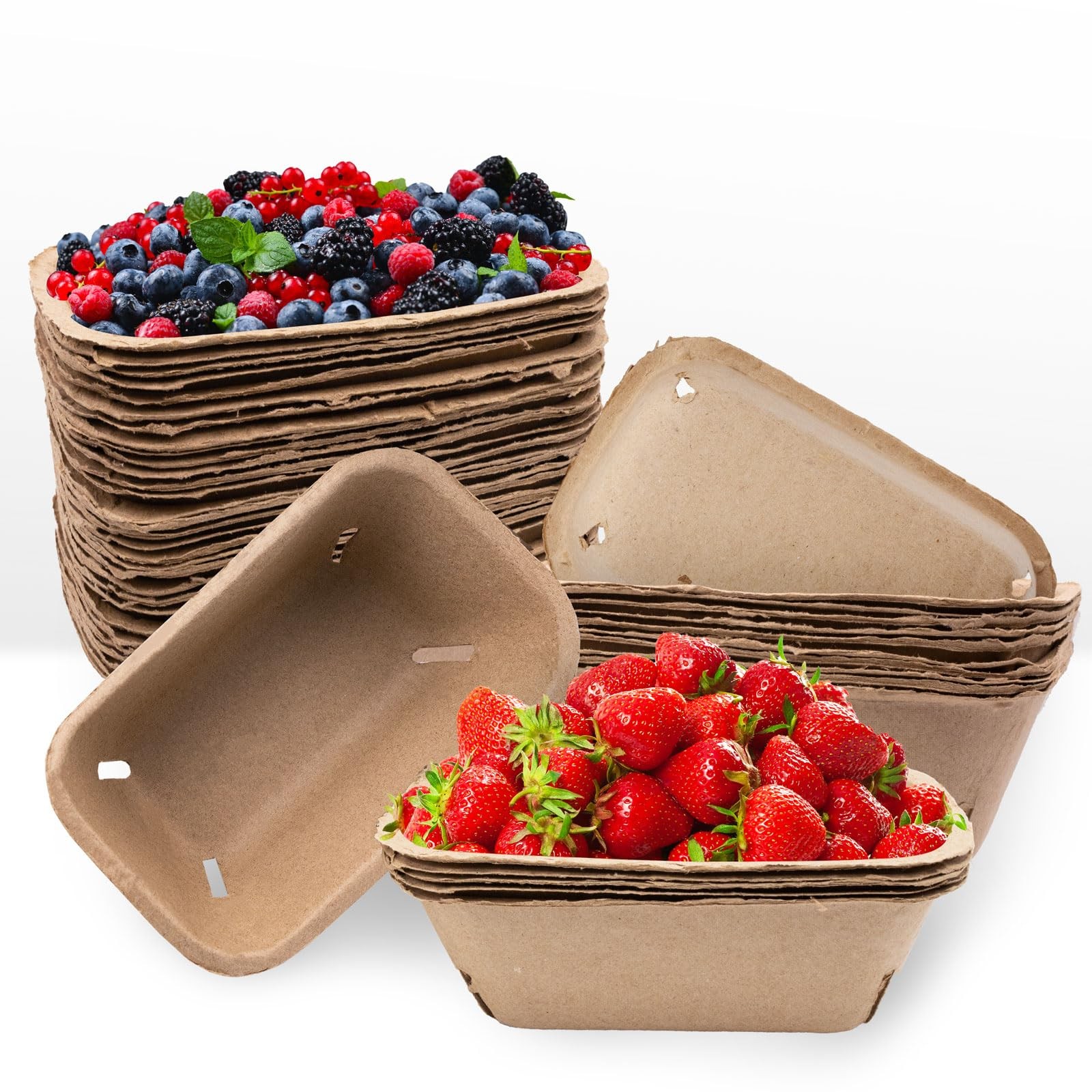 30 Pack Natural Pulp Fiber Large Berry Baskets, Vented Produce Containers for...