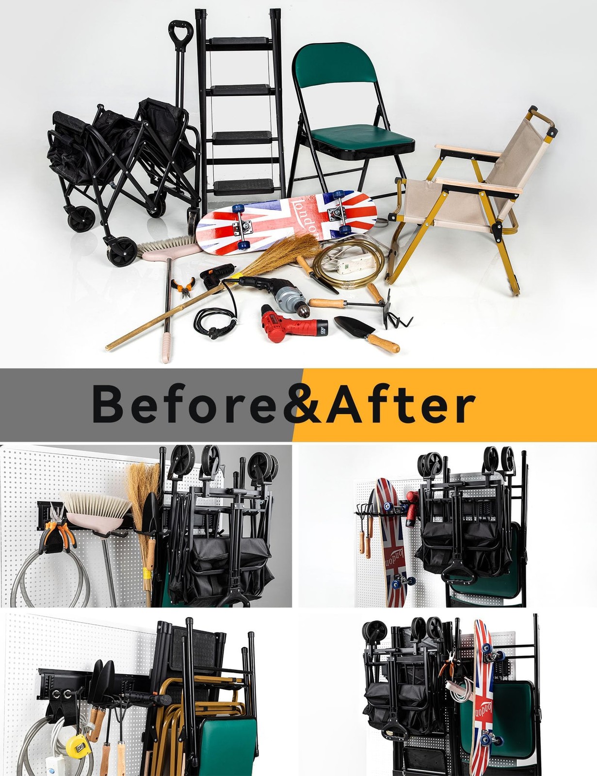 Wall Mount Garden Tool Organizer - 48 Inch Max Load 539lbs with14 PCS Adjusta...