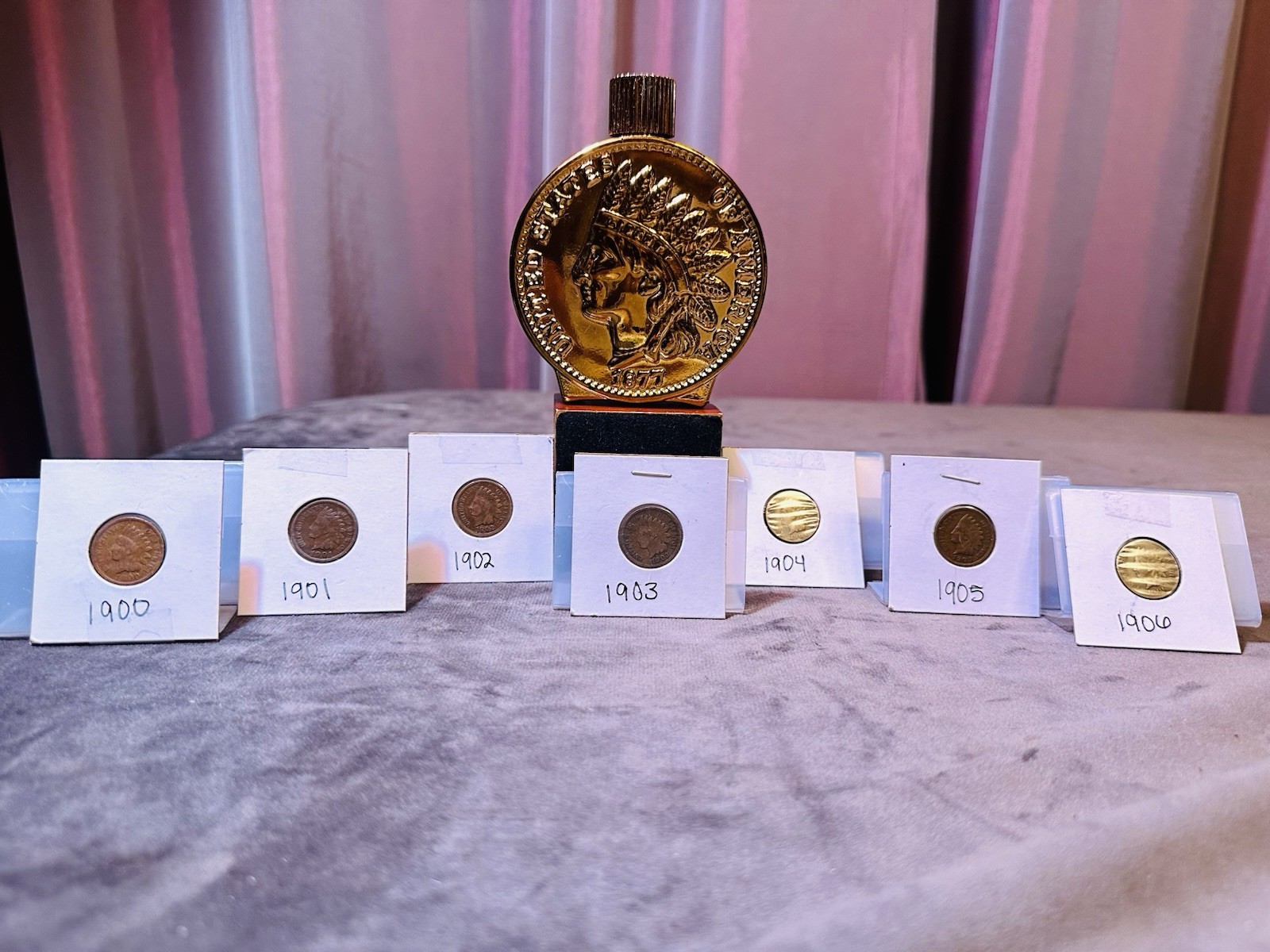 Indian Head Penny Lot 1900-1906 + Avon Excalibur Indian Head Bottle Vintage Gold
