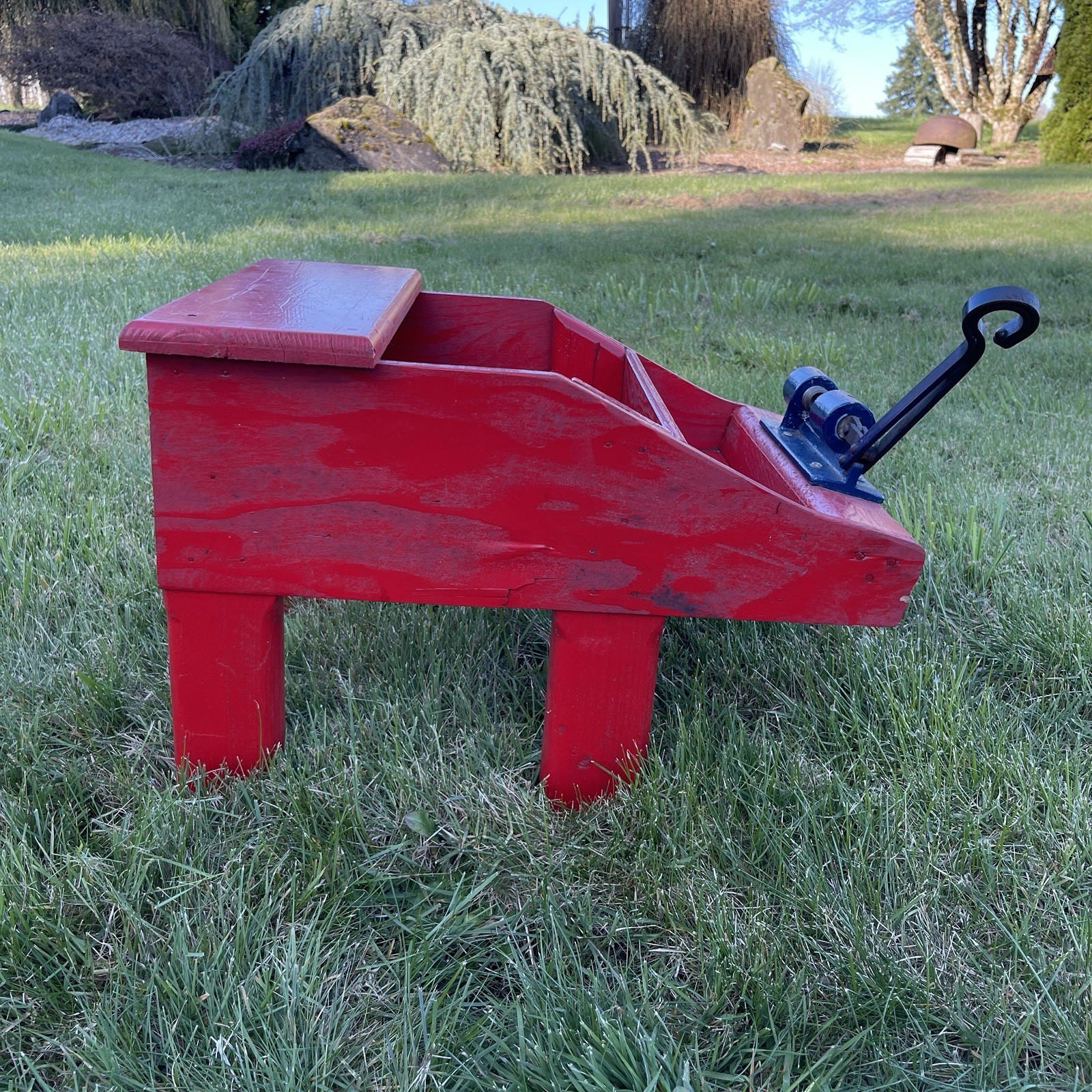 Vintage Red Wood Bench w/ Walnut Nut Cracker Attachment