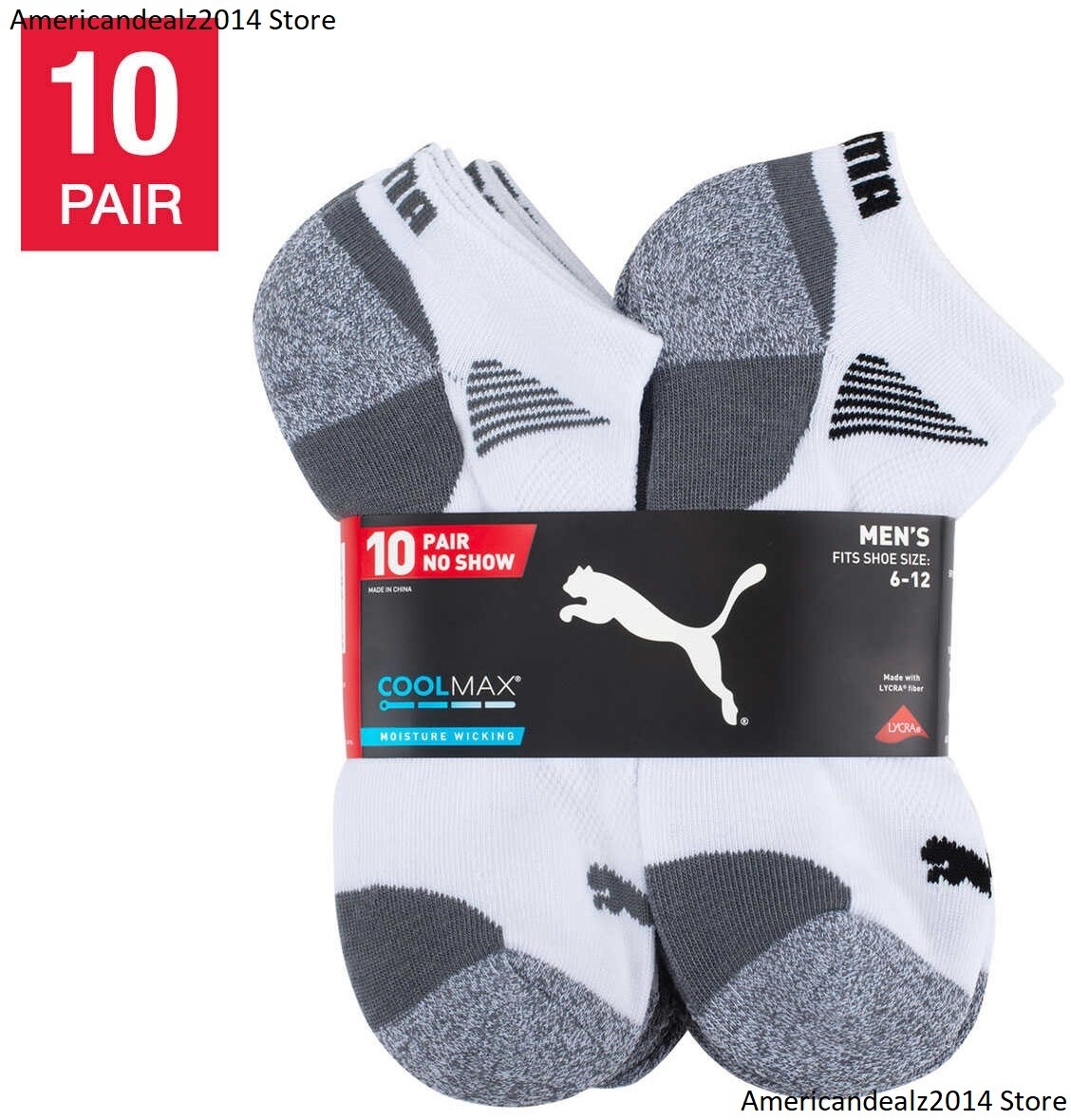 10 Pairs - Puma Men's No Show Low Cut Socks, WHITE Select Size