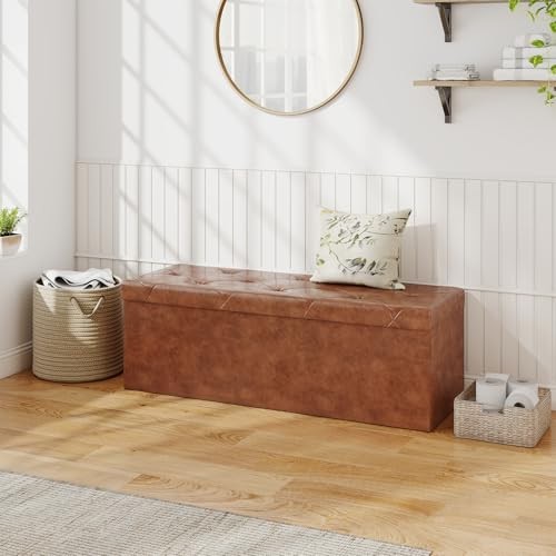 43 Inches Folding Ottoman with Storage Bench, 15.2"D x 43"W x 15.2"H Brown