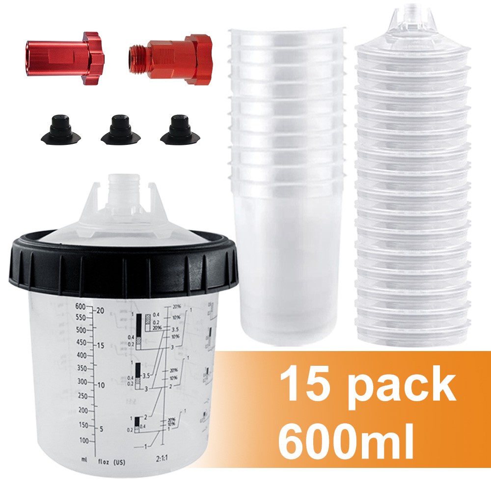 15Pcs 20oz (600ml) Disposable Paint Cups w/ Filter Lids - for HVLP & LVLP Kits