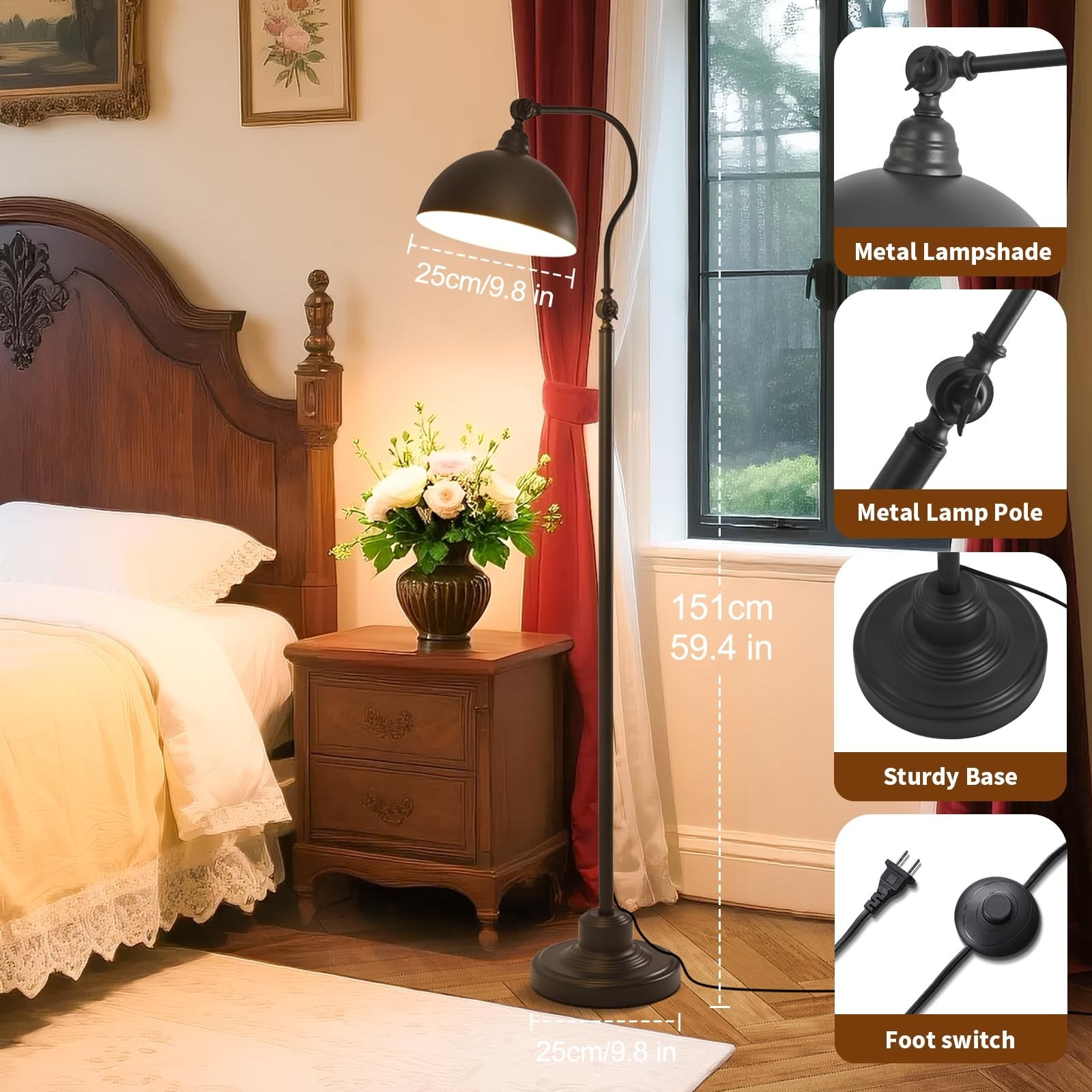 Bright Reading Floor Lamp with Remote Control and Bluetooth Dimming,Rustic Vi...