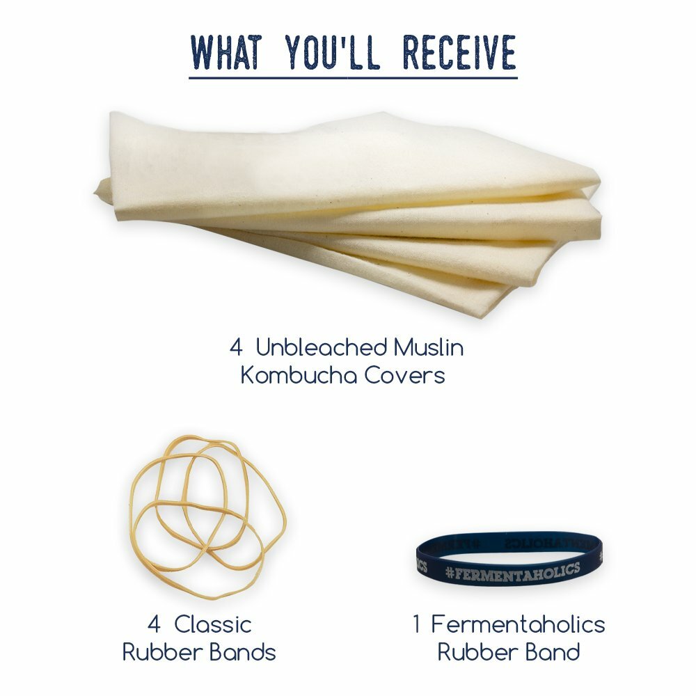 Unbleached Muslin Kombucha Covers - 4 Pack with Rubber Bands