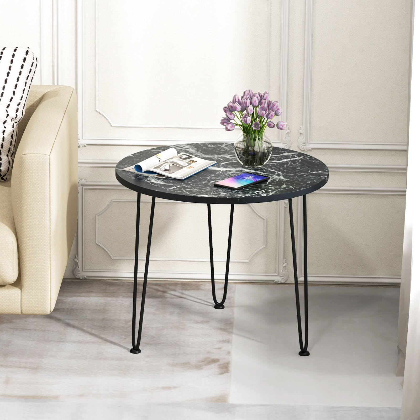 Small Round Coffee Table w/ Thickened Tabletop & Metal Tripod Legs Faux Marble