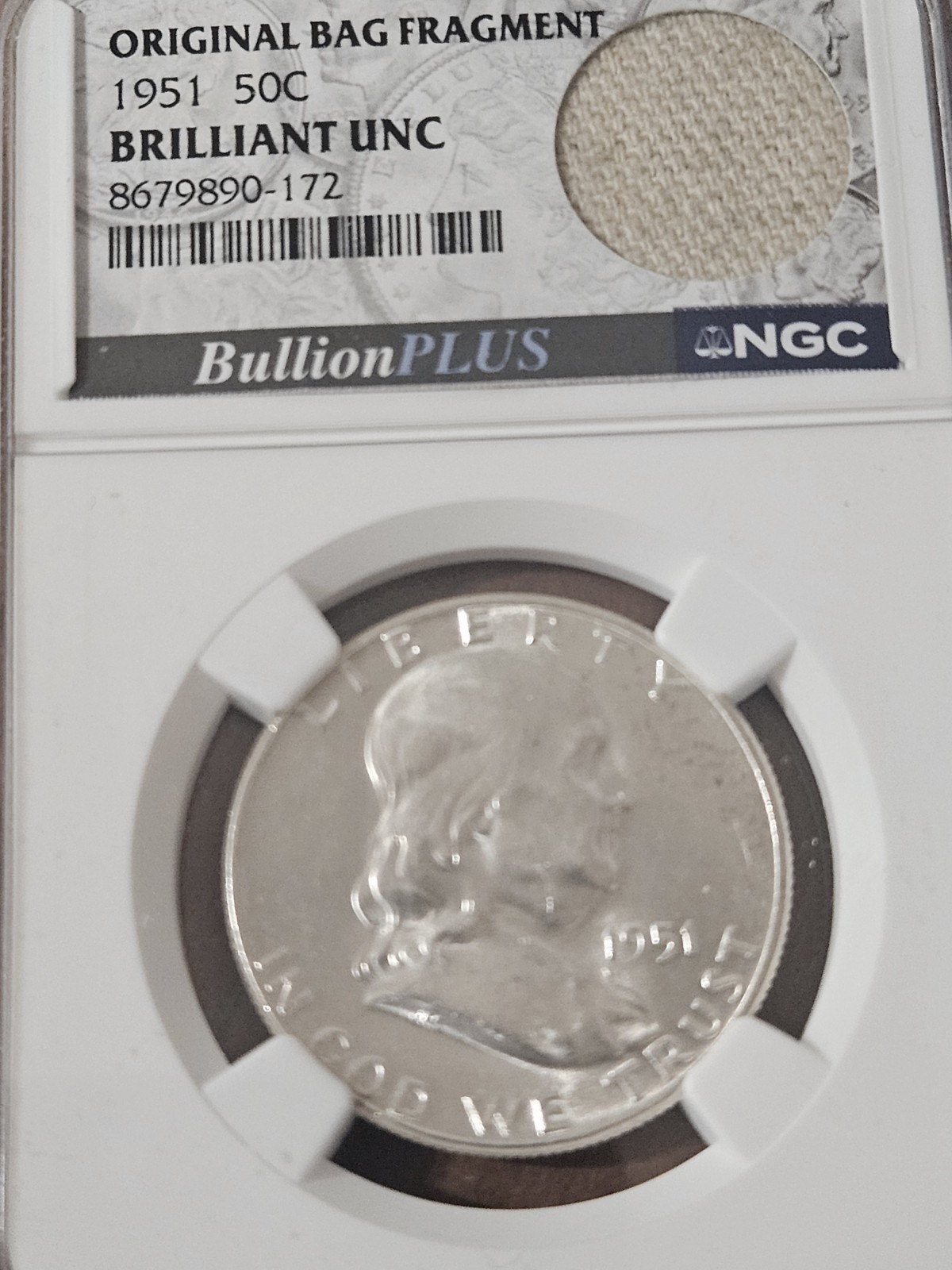 1951 Franklin Half Dollar Brilliant Uncirculated Silver 50c w/ Bag Fragment