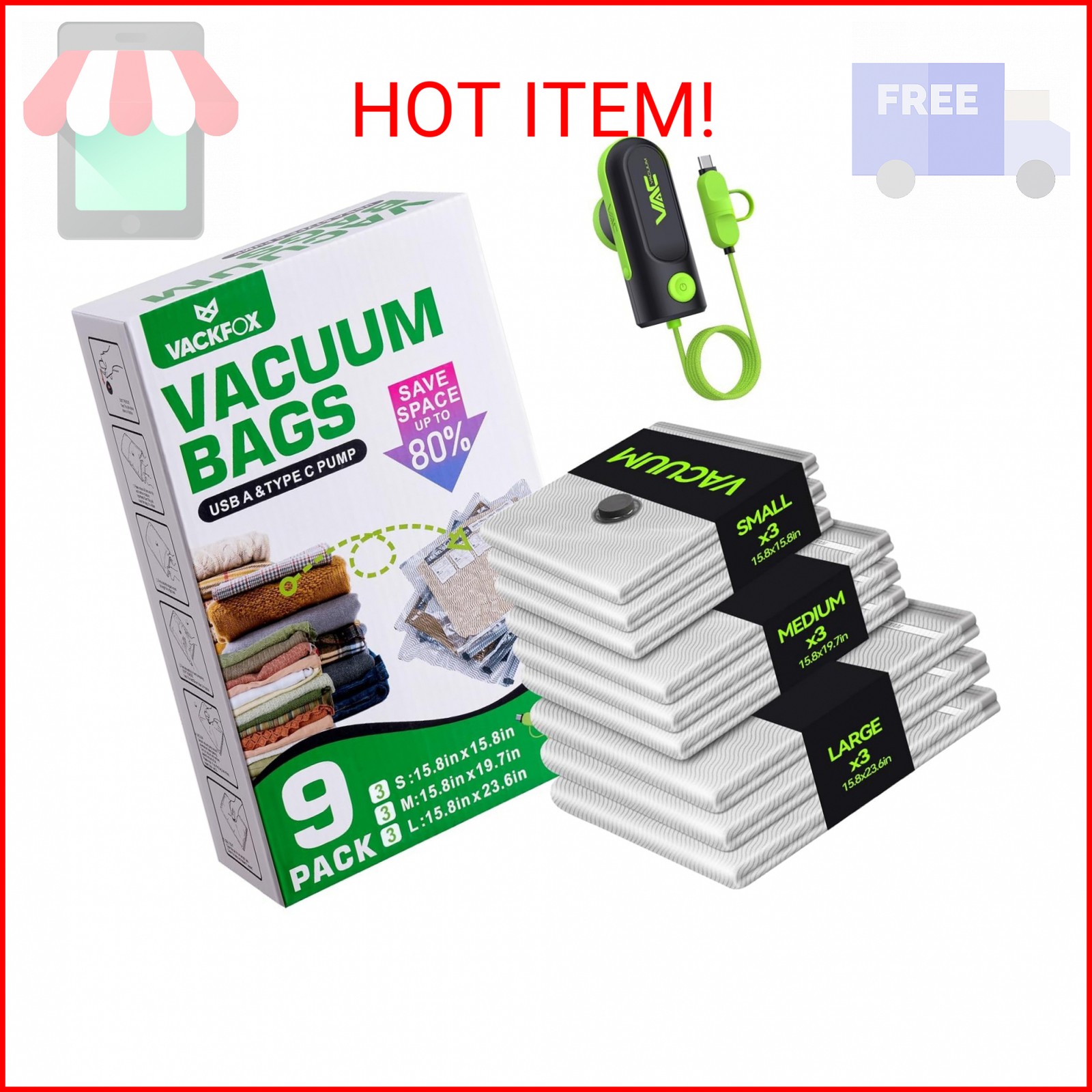 VACKFOX Travel Vacuum Bags with USB & TYPE C Pump, 9 Pack Carry-On Vacuum Storag