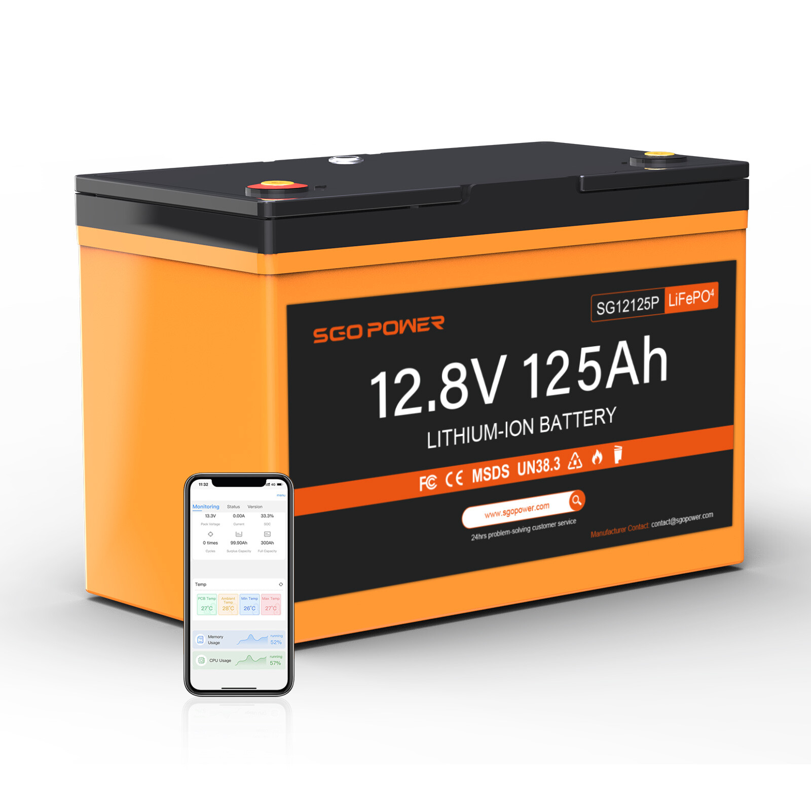 12V 125Ah Group27 Deep Cycle LiFePO4 Battery 1280W BMS Bluetooth RV Marine Solar