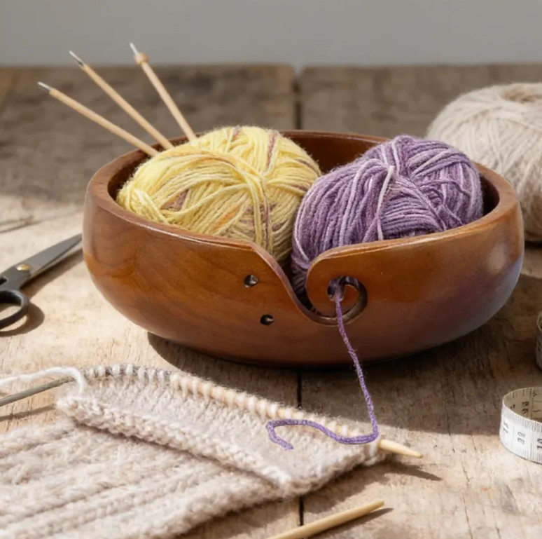 XXL Wooden Yarn Bowl for Knitting, Engraved Crochet Yarn Holder with Swirl Slot