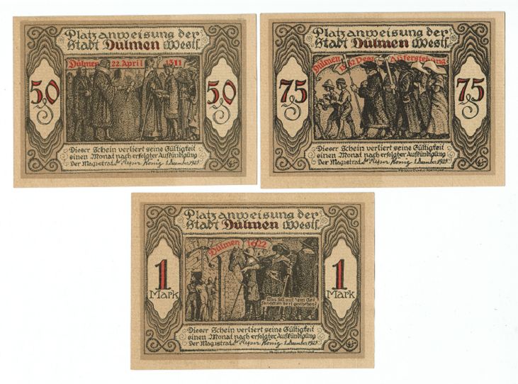 SET OF 6 GERMANY NOTGELD 50.75 PFENNIG 1.1,1/2.2.21/2 MARK STADT-DULMEN 1921 UNC