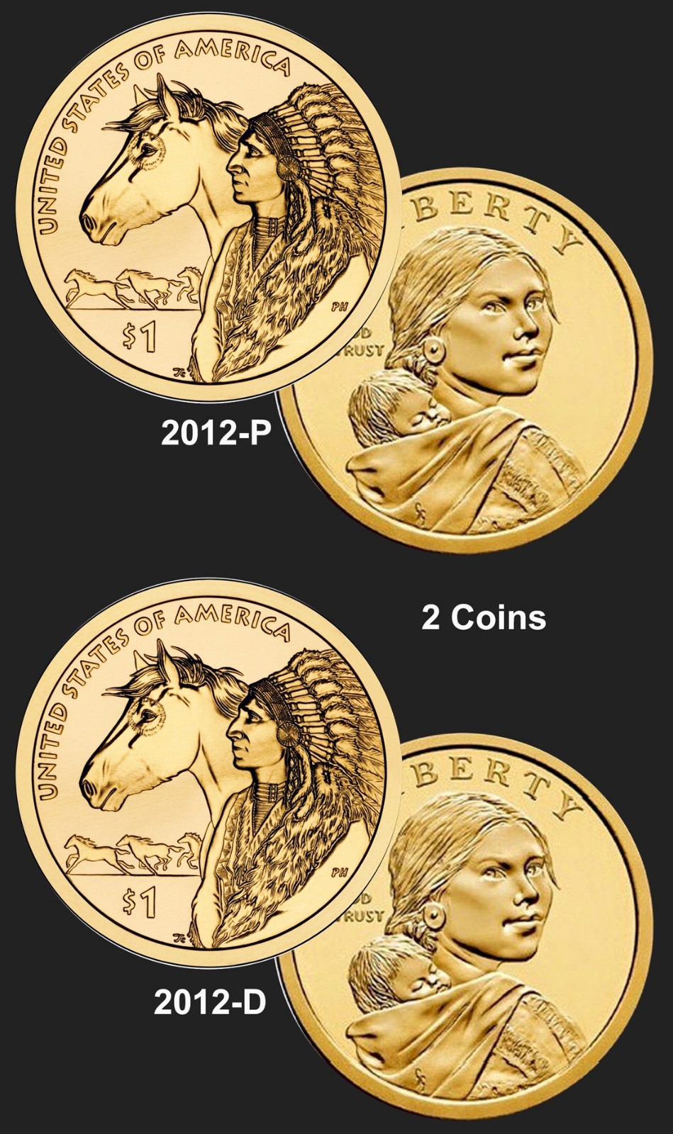 2012 P &D Sacagawea $1 Native American Golden Dollar BU Trade Routes 2-Coin Set