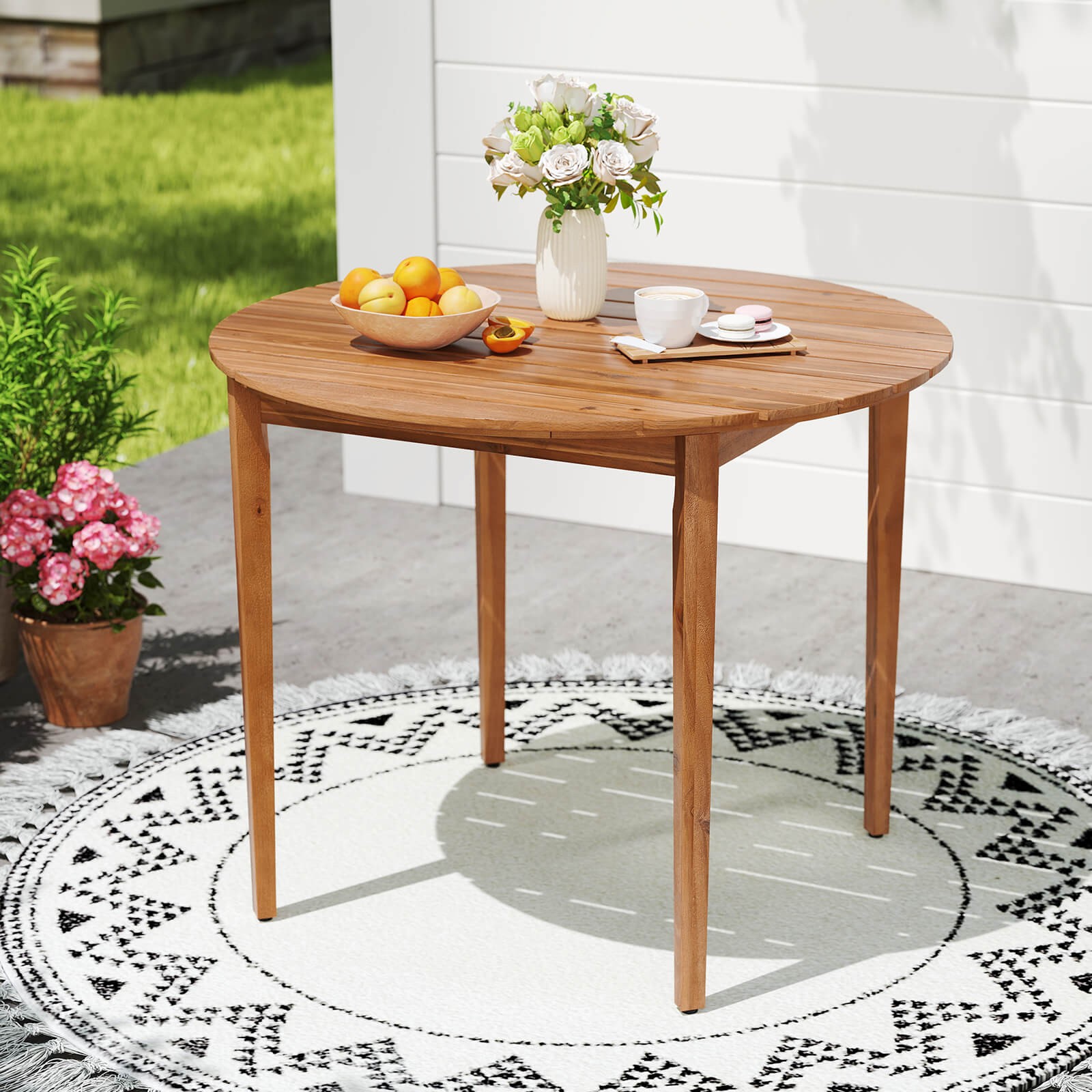 Round Outdoor Dining Table for 4 People 36 inch Acacia Wood Patio Table for Yard