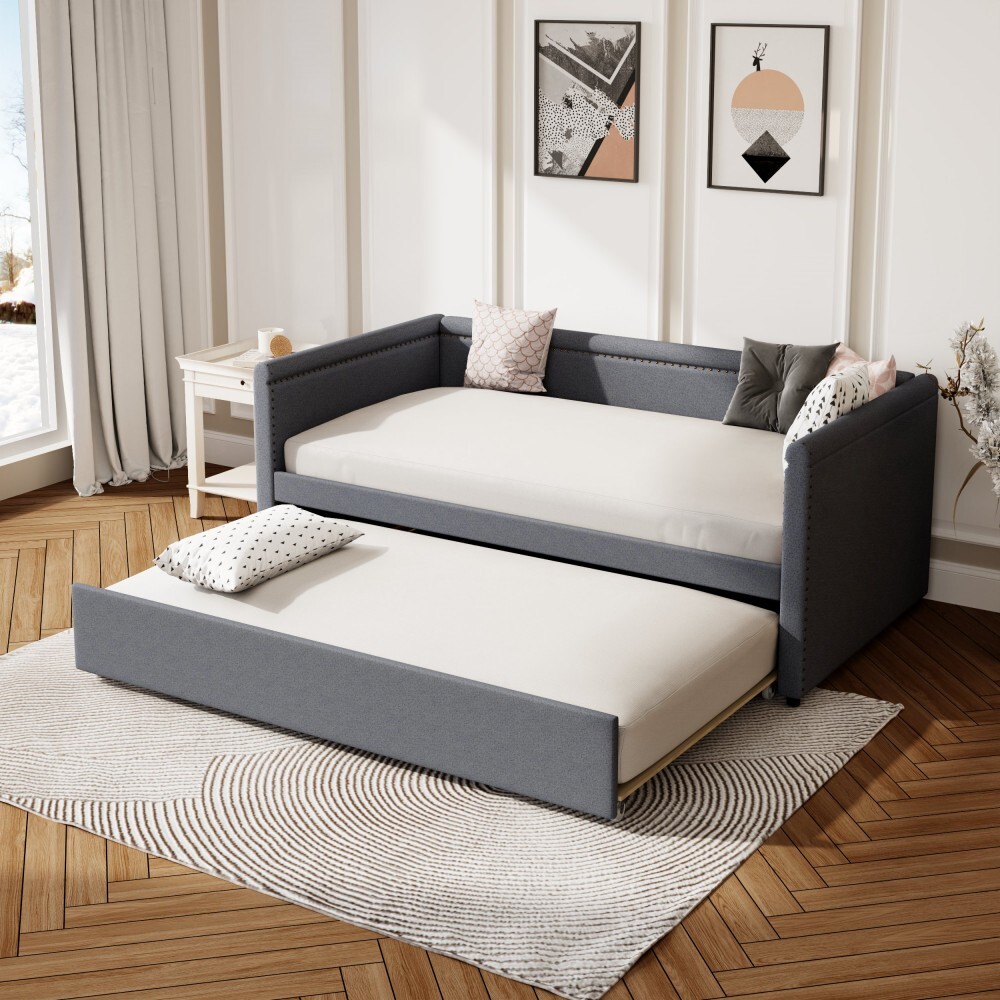 81.9 inch Twin Size Linen Upholstered Daybed with Twin Trundle & Nailhead Trim