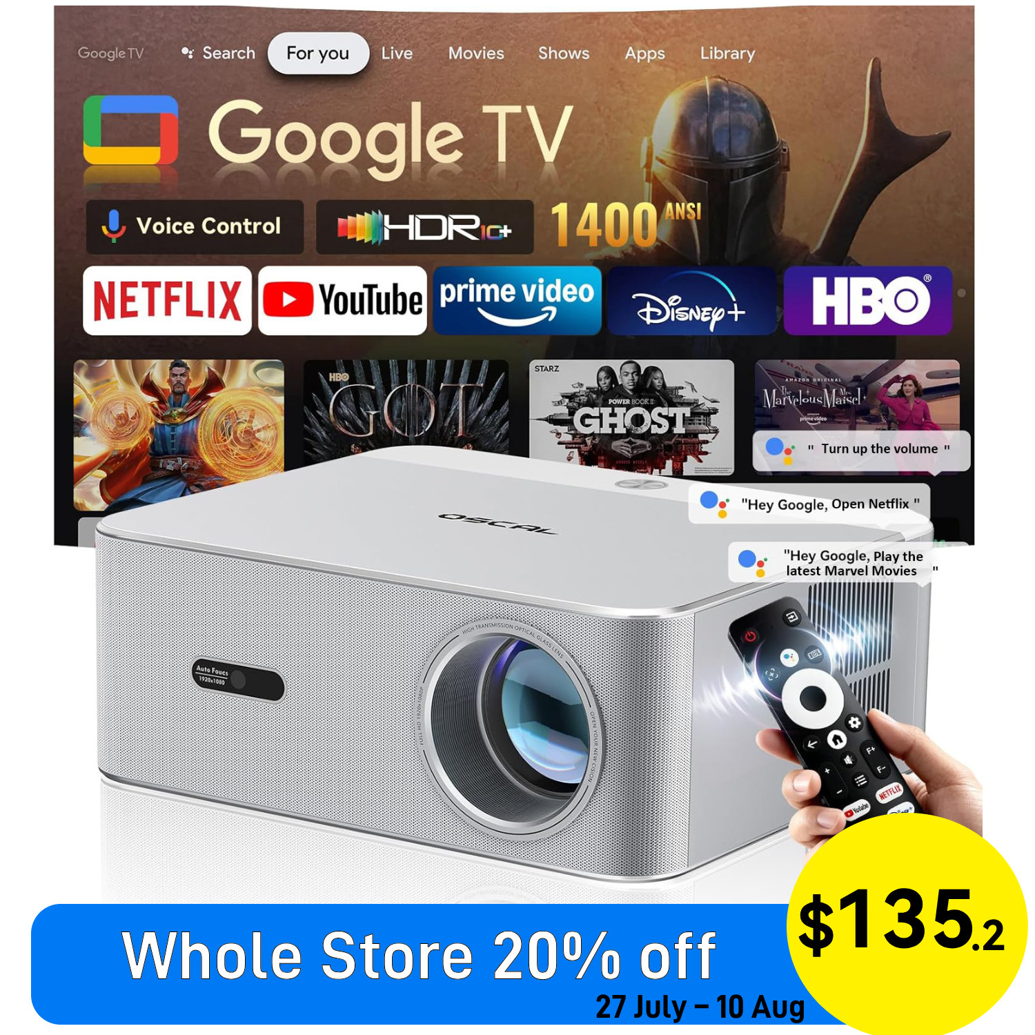 PV800 PRO Smart Projector 45000 Lumen 1080P 4K Compatible Google TV Auto Focus