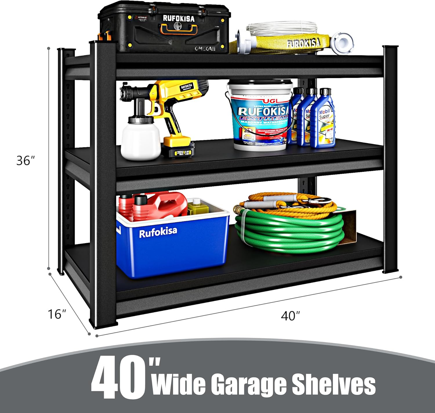 40" W 3-Tier Garage Shelving Heavy Duty, 1500LBS Loads Garage Storage Shelves, M