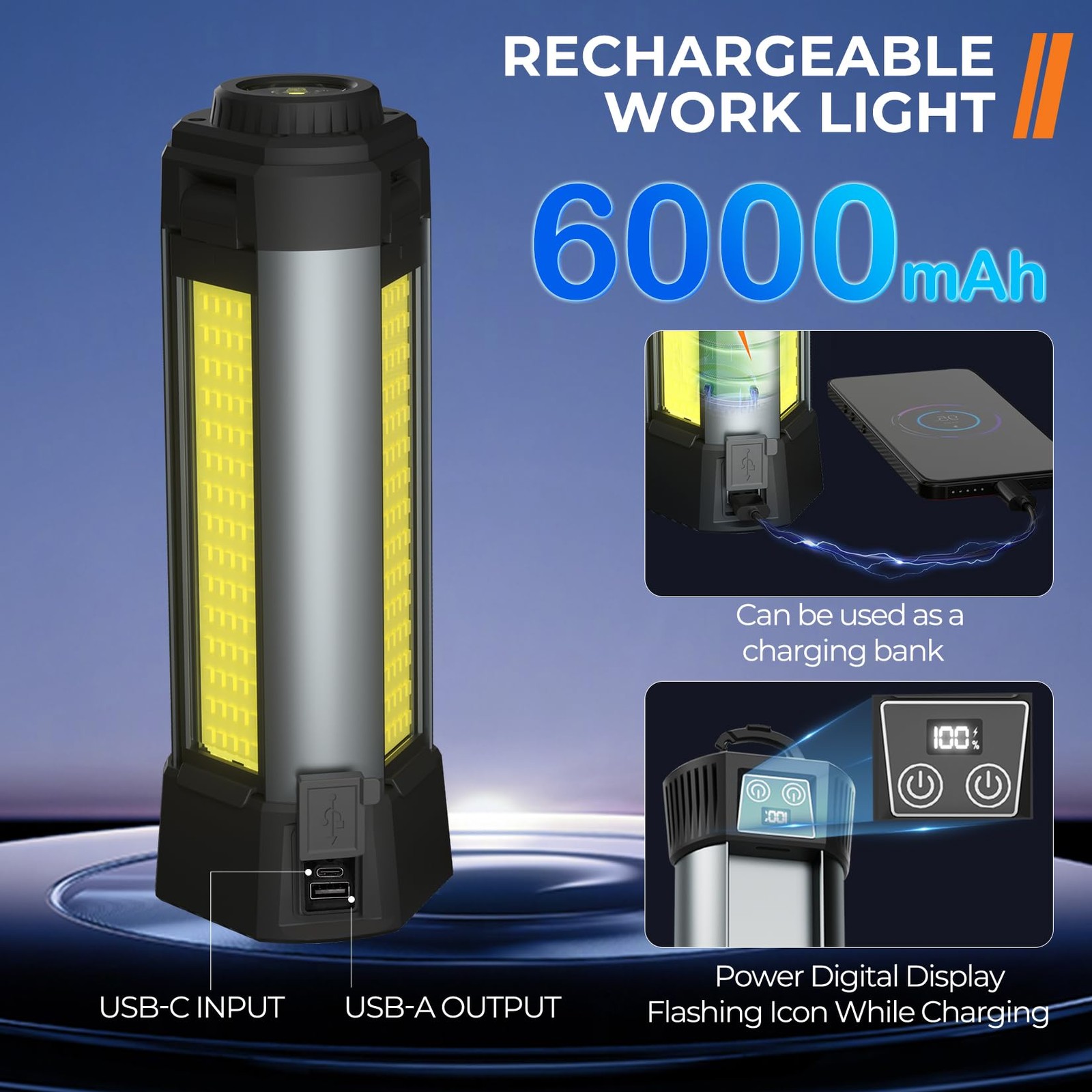 Rechargeable Work Light with Stand, Outdoor LED Cordless Camping Light with P...