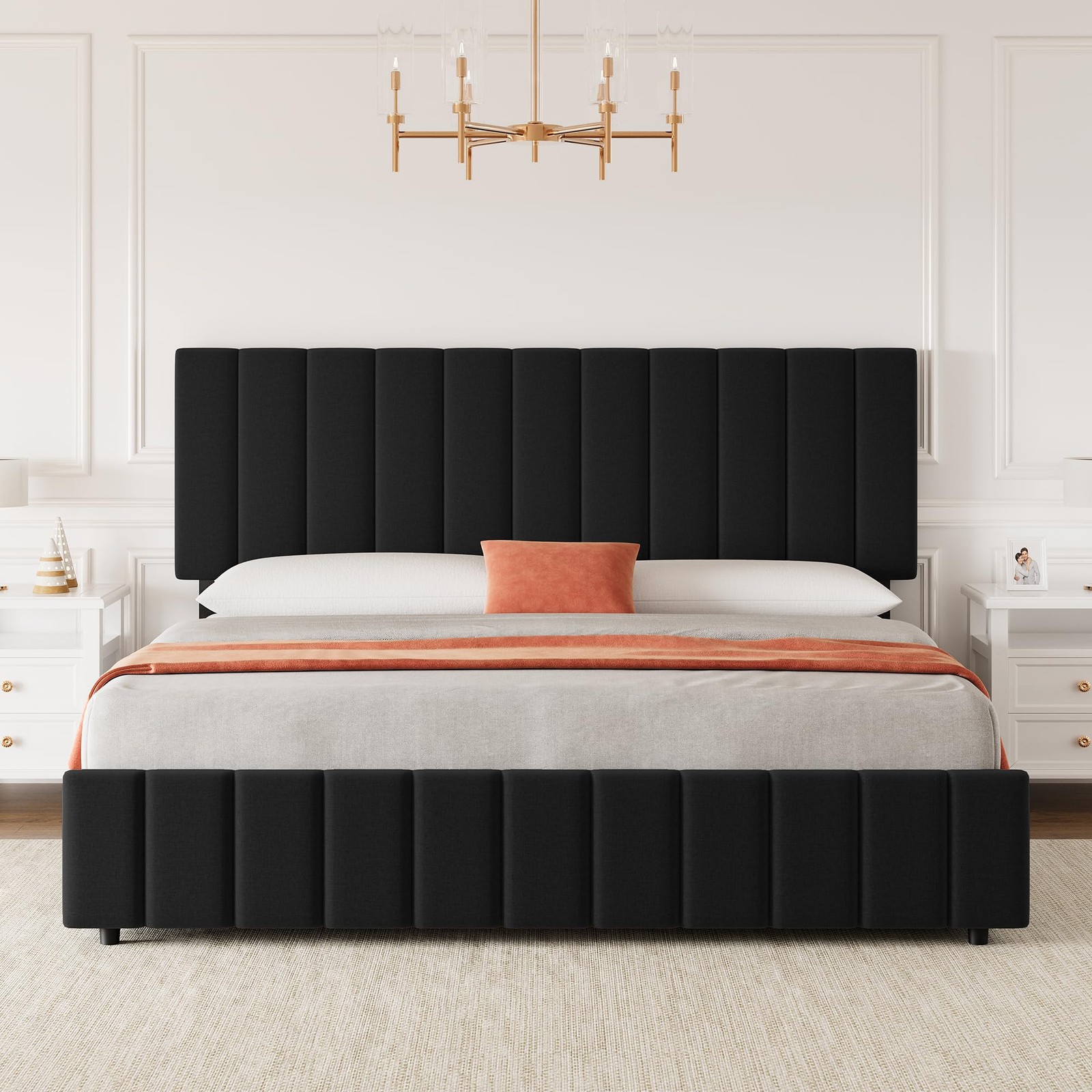 King Size Bed Frame Headboard Linen Upholstered Platform Bed Frame w/ 4 Drawers