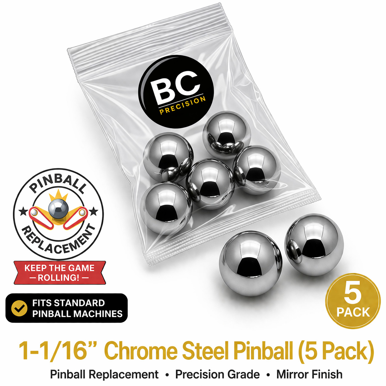Five 1-1/16" Inch Chrome Steel Replacement Pinball Machine Balls
