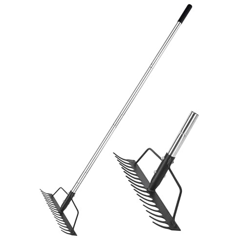 15 Inch Wide Bow Rake, 16 Steel Tines Metal Head Rake Tool with Stainless
