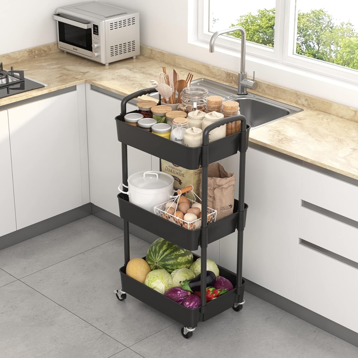 Sleek Mobile Organizer: 3-Tier Utility Cart with Easy Assembly & Locking Wheels