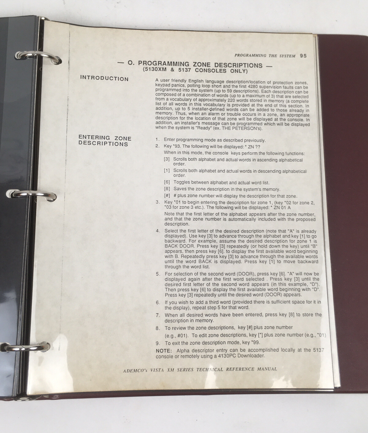 Ademco’s Vista XM Series Technical Reference Manual Papers Security Sys. Binder