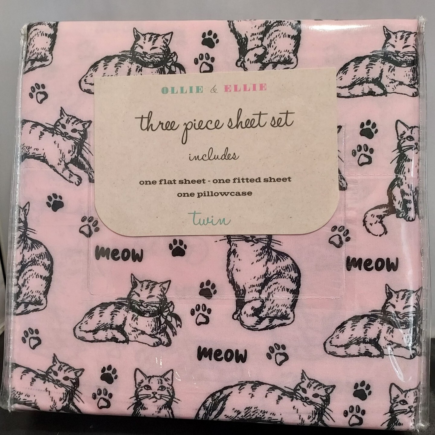 Ollie and Ellie Three-Piece Twin Sheet Set~Pink~Black~Cats~Meow~Paw Print~New