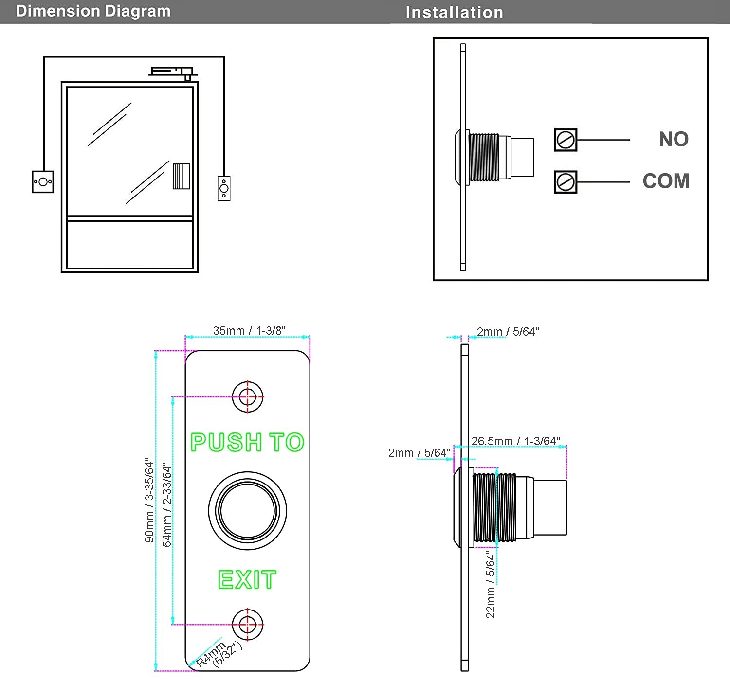 UHPPOTE Momentary Push to Exit Button Switch NO/COM Output Stainless Steel...