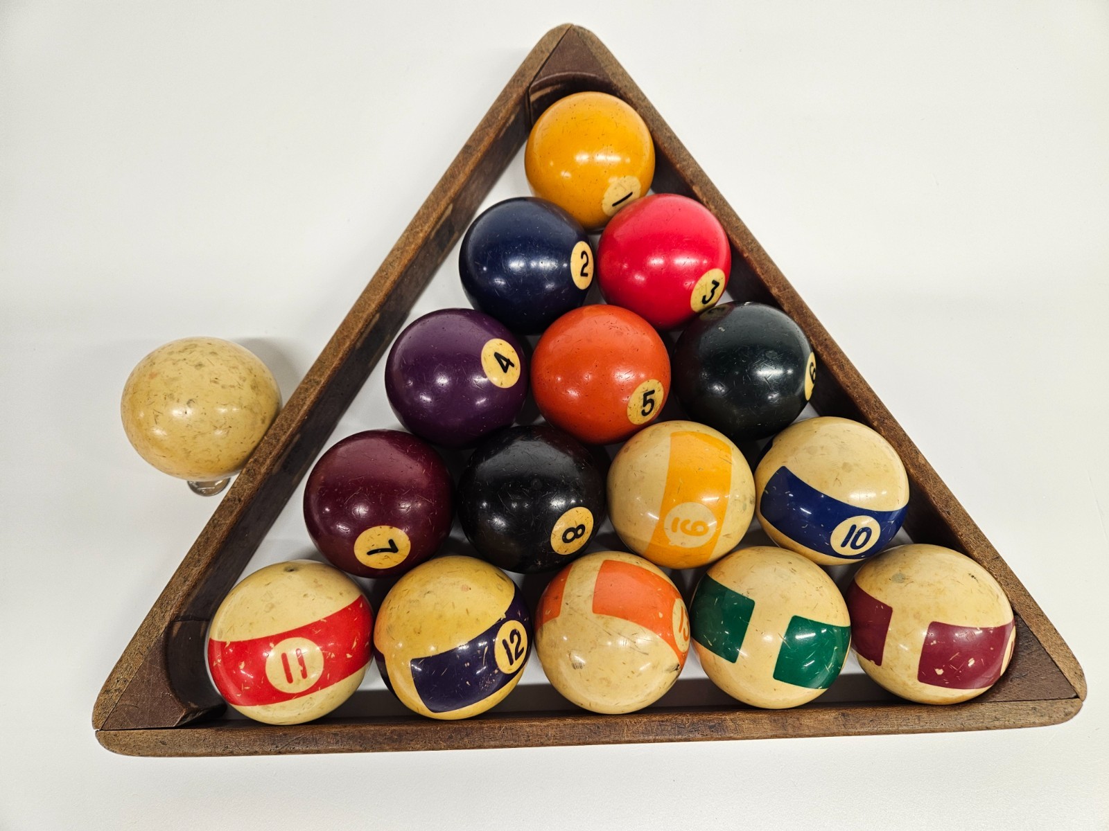 Vintage Set - Pool Balls w/ Cue Ball & Wooden Triangle
