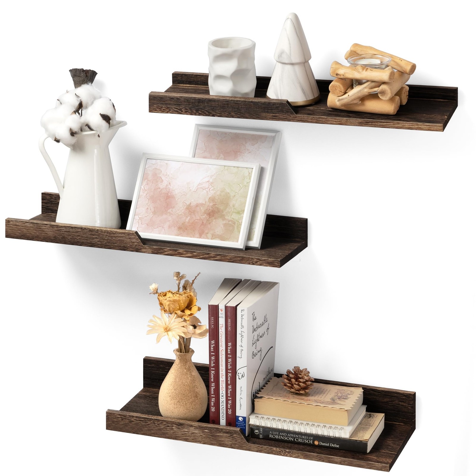 Rebee Vision Rustic Floating Shelves Set of 3 : 17 inch, Carbonized Brown