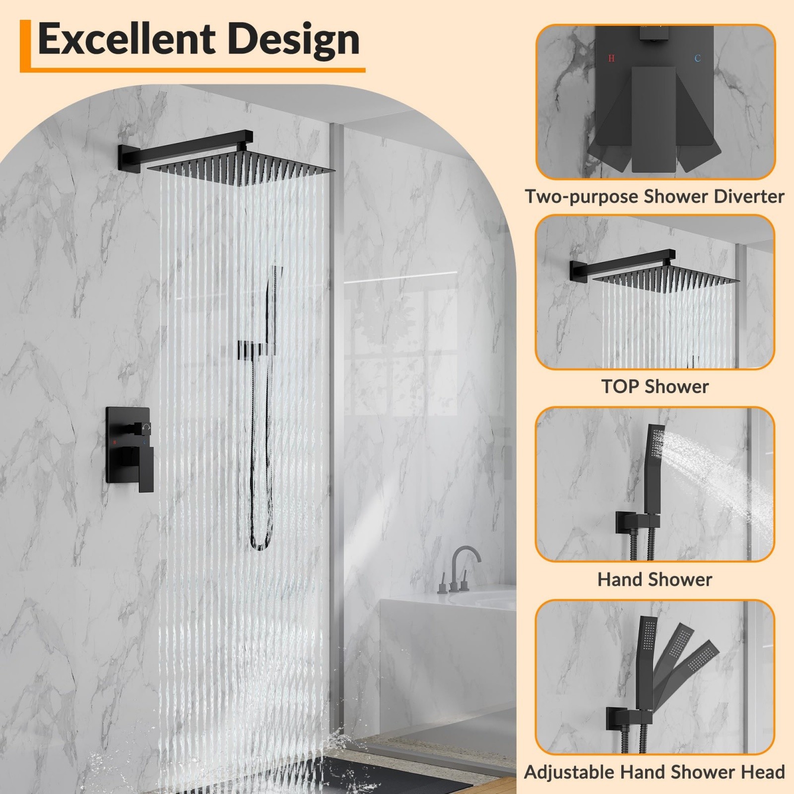 12 Inch Rain Shower Head System 2-Function Wall Mounted Shower Faucet w/Handheld