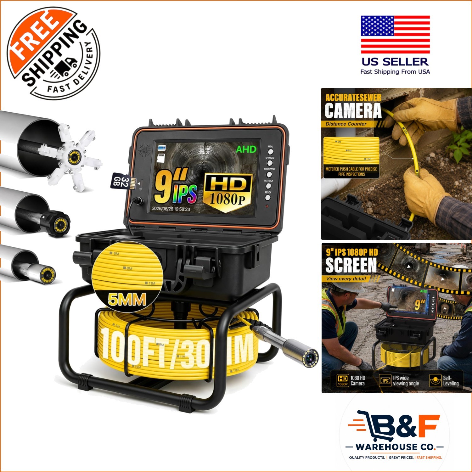 High-Performance 100FT Self-Leveling Pipe Camera with 5x Zoom & 10-Hour Battery