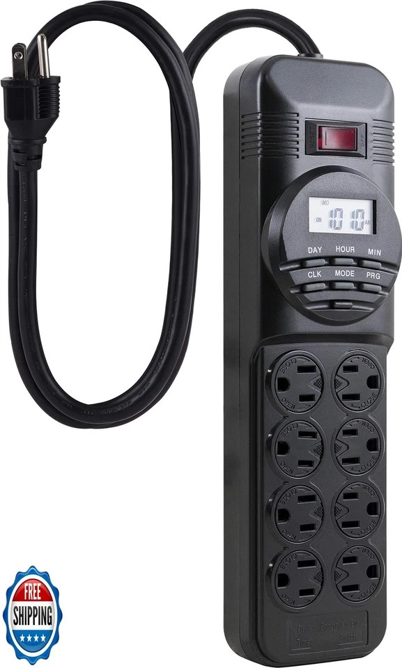 GE Power Saving Strip Timer 8 Outlet w Digital Display & 3 Foot Cord 15077
