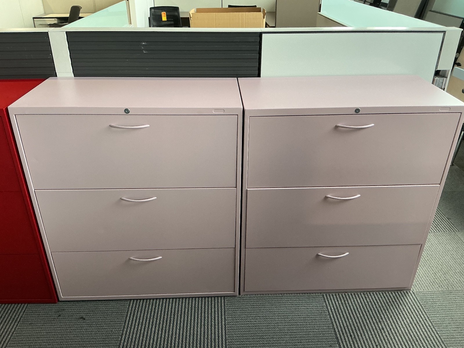 3Dr 36"Wx18"x40 1/2"H metal lateral file cabinet by Teknion in Pink