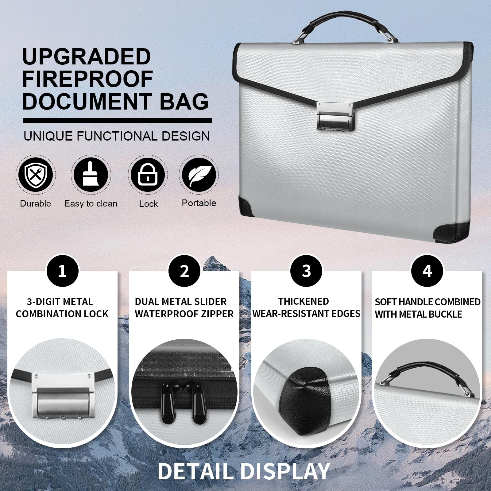 Fireproof Document Bag, 14.5" X11" X2.5", Silver