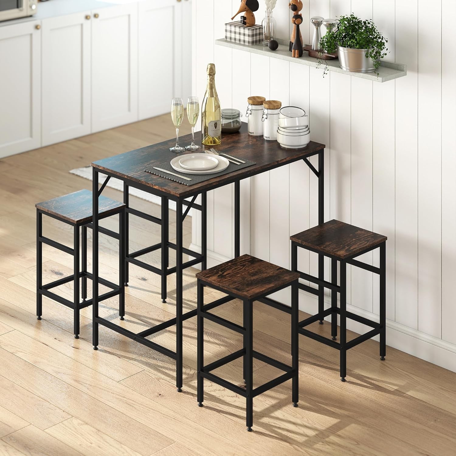 5-Piece Industrial Dining Table Set, Bar Table & 4 Stools Set, Space Saving for