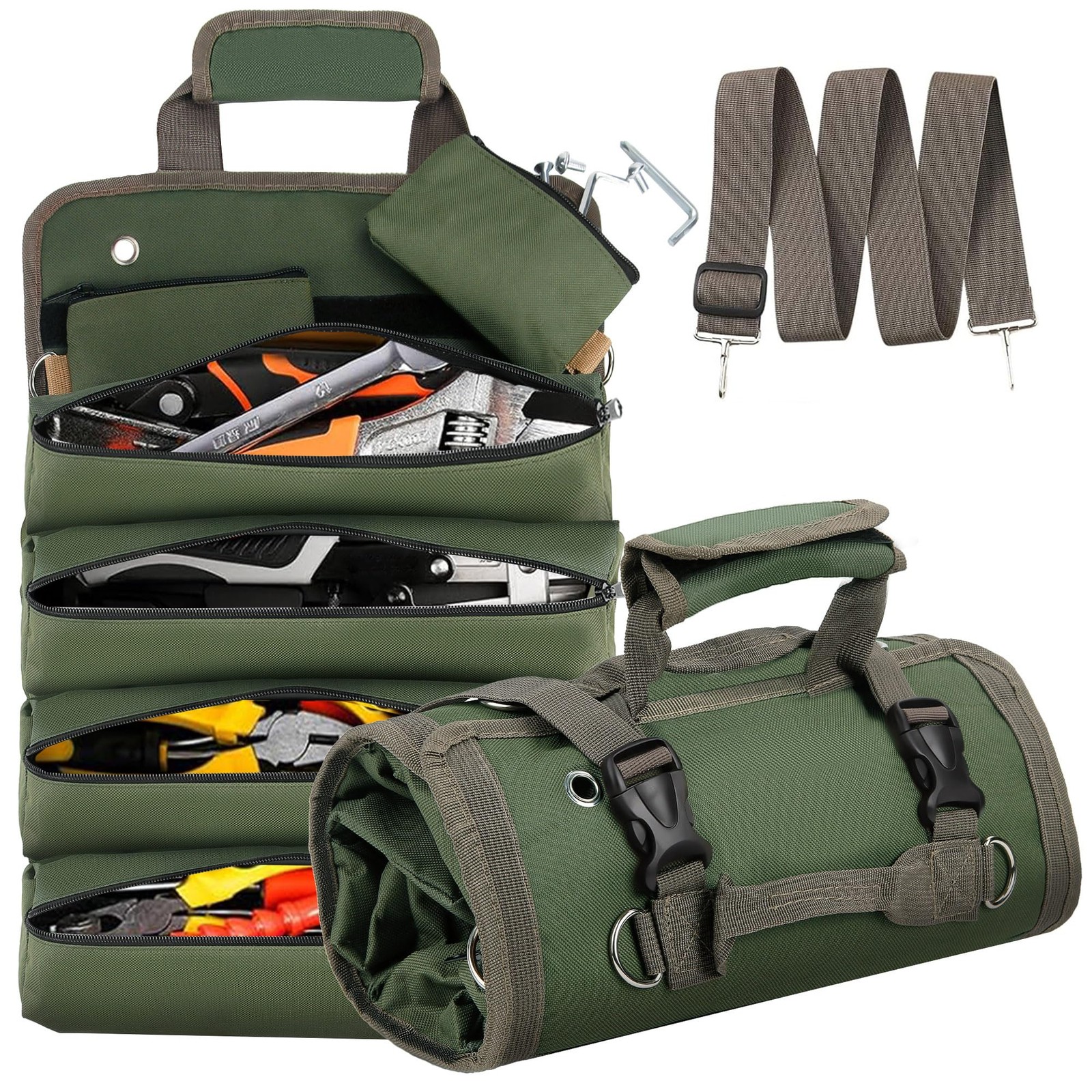 Green Roll Up Tool Bag Heavy Duty Organizer Motorcycle Portable Foldable Pouch