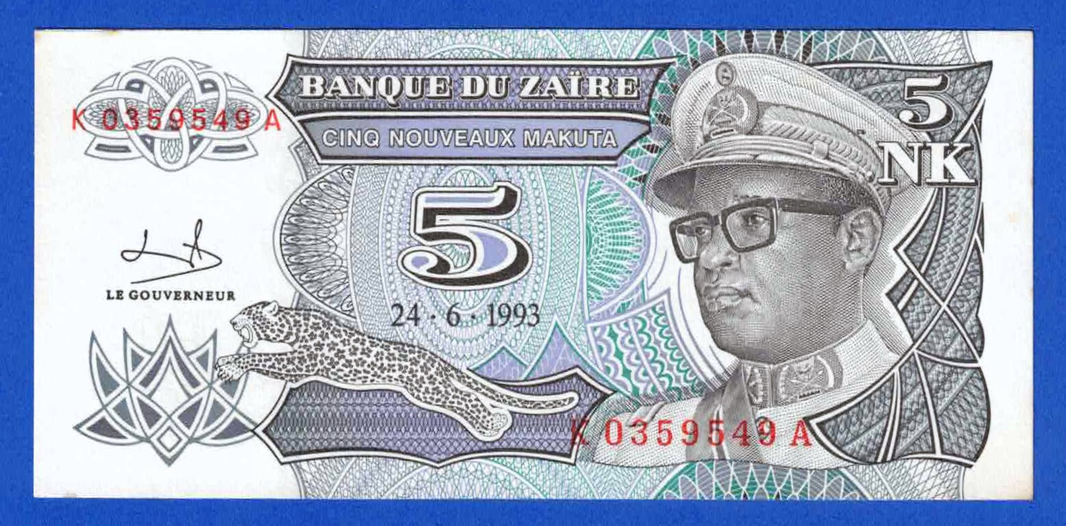 S6 - DR Congo - Zaire 5 Makuta 1993 Uncirculated Banknote P. 48 SN: K0359549A