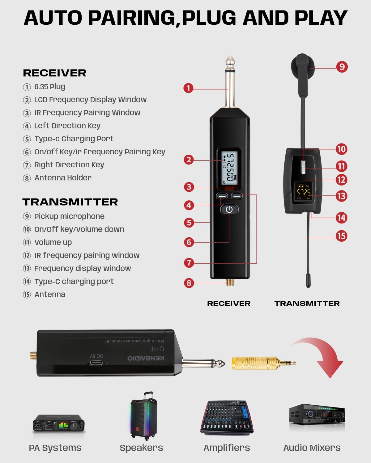 Saxophone Microphone UHF Wireless System 196ft Range - Clip on for Brass
