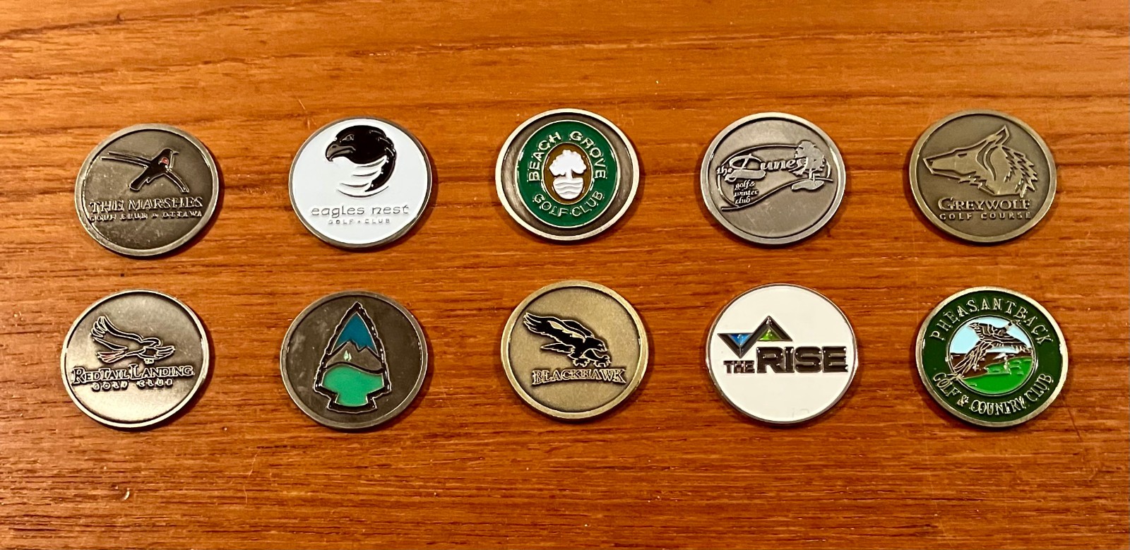 Lot of Ten (10) Canadian Clubs Courses Resorts Flat Metal Logo Golf Ball Markers