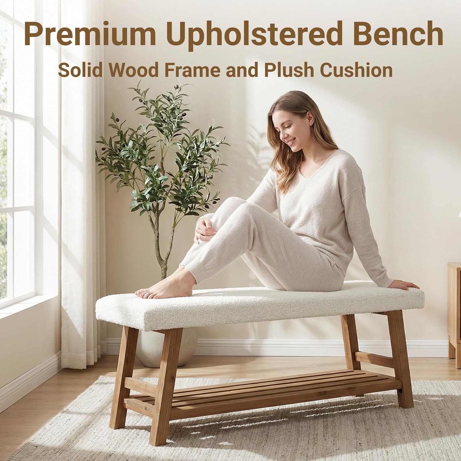 55" Upholstered Bench Modern Solid Wood Shoe Bench with Cushion for Entryway