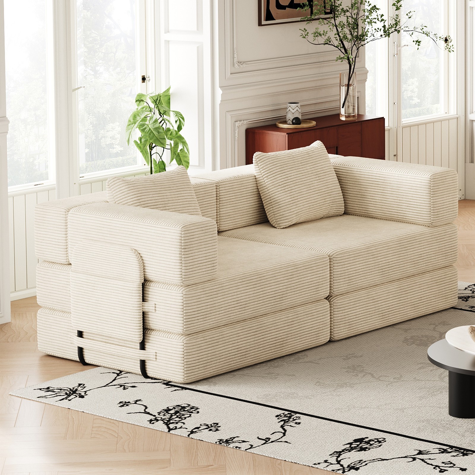 72in convertible sofa bed, corduroy fabric sofa comfortable folding sofa Beige