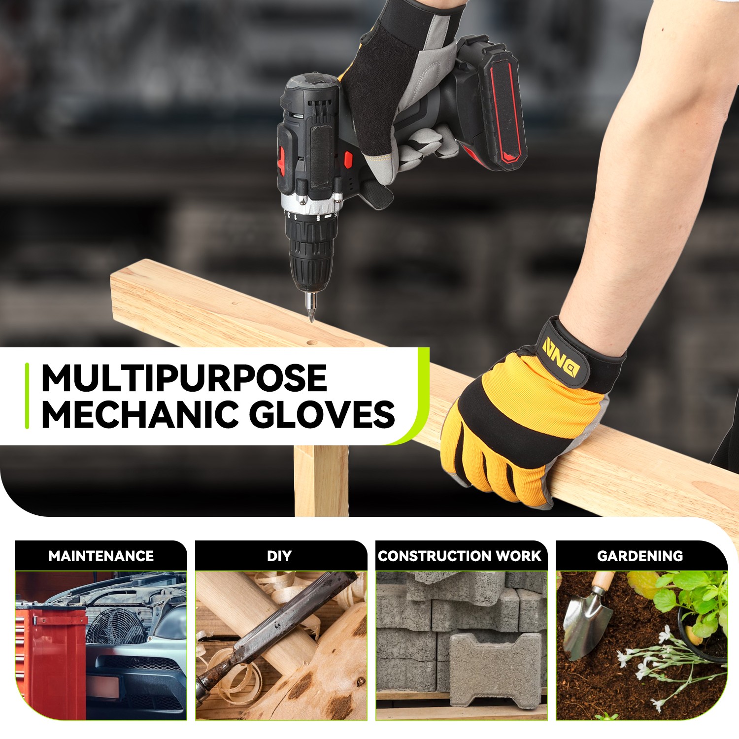 2 Pair Gray/Yellow Flexible Universal Multi-Purpose Utility Mechanic Work Gloves