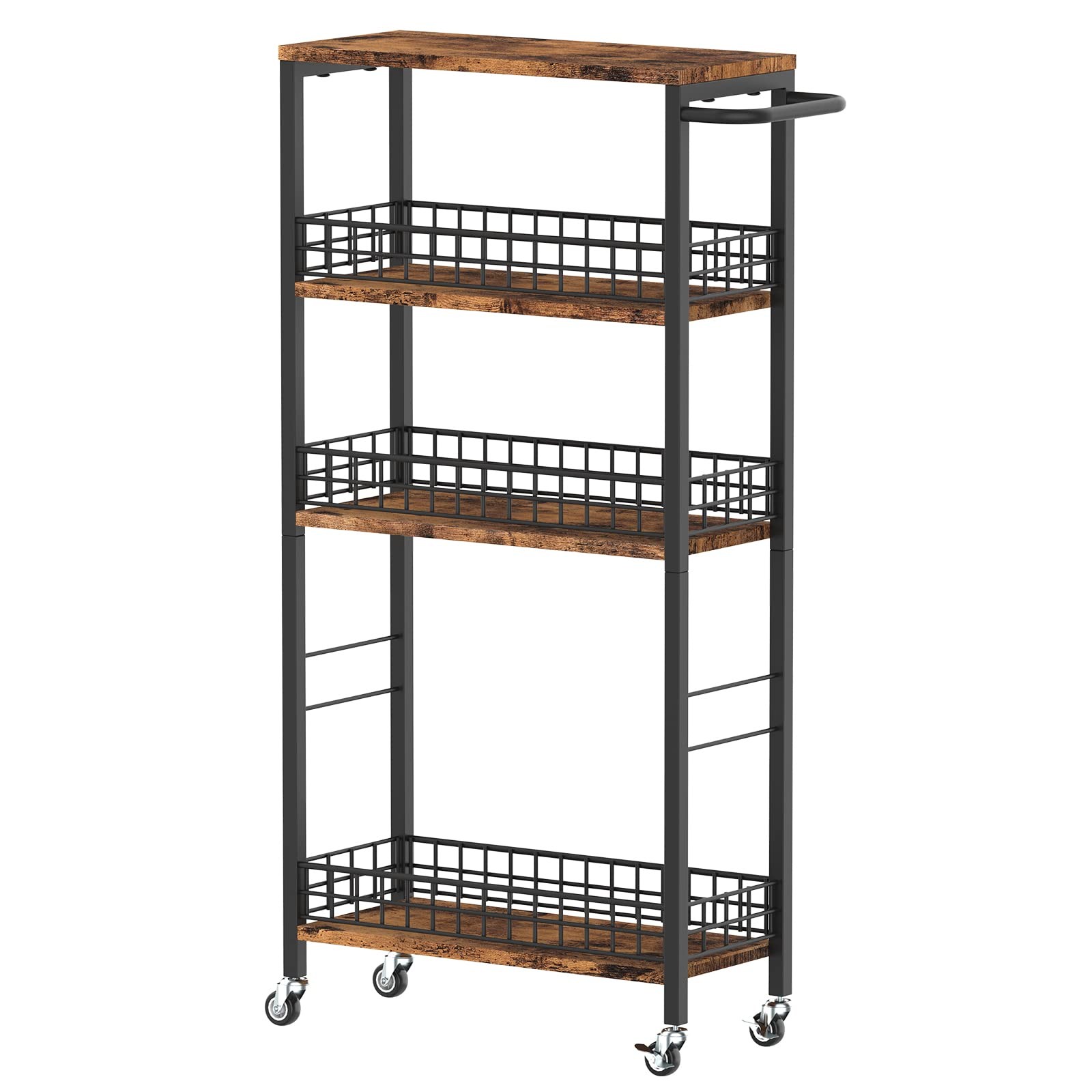 4 Tier Rolling Kitchen Storage Cart w/Wheels Wood Tabletop Handle Brown