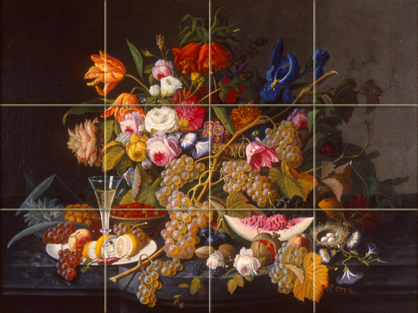 Art Grape Glass Wine Flowers Tumbled Marble Mural Bath Backsplash Tile #1842