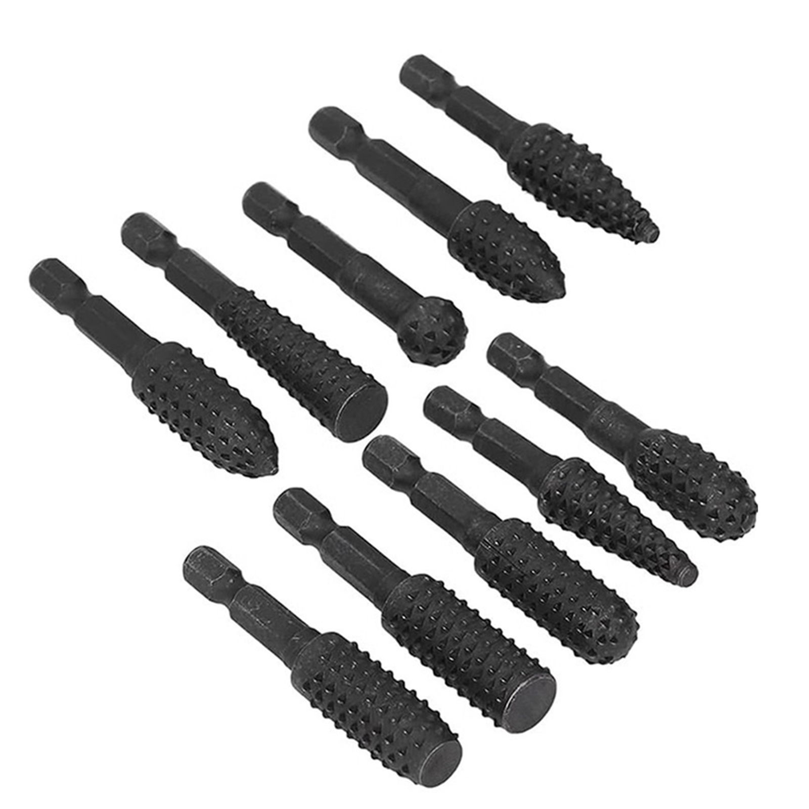 10Pcs New 1/4in Shank Rotary Burr Rasp Set Steel Wood Carving File Drill Bits